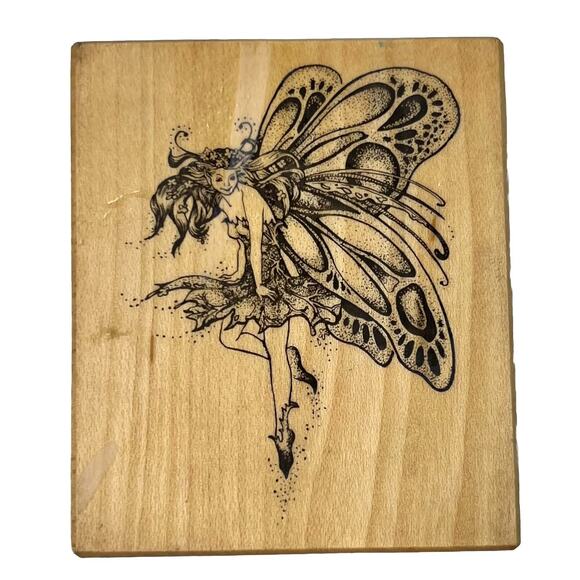 Vintage 1985 PSX Wood Mounted Rubber Stamp - Whimsical Fairy w/ Butterfly Wings - Picture 1 of 3